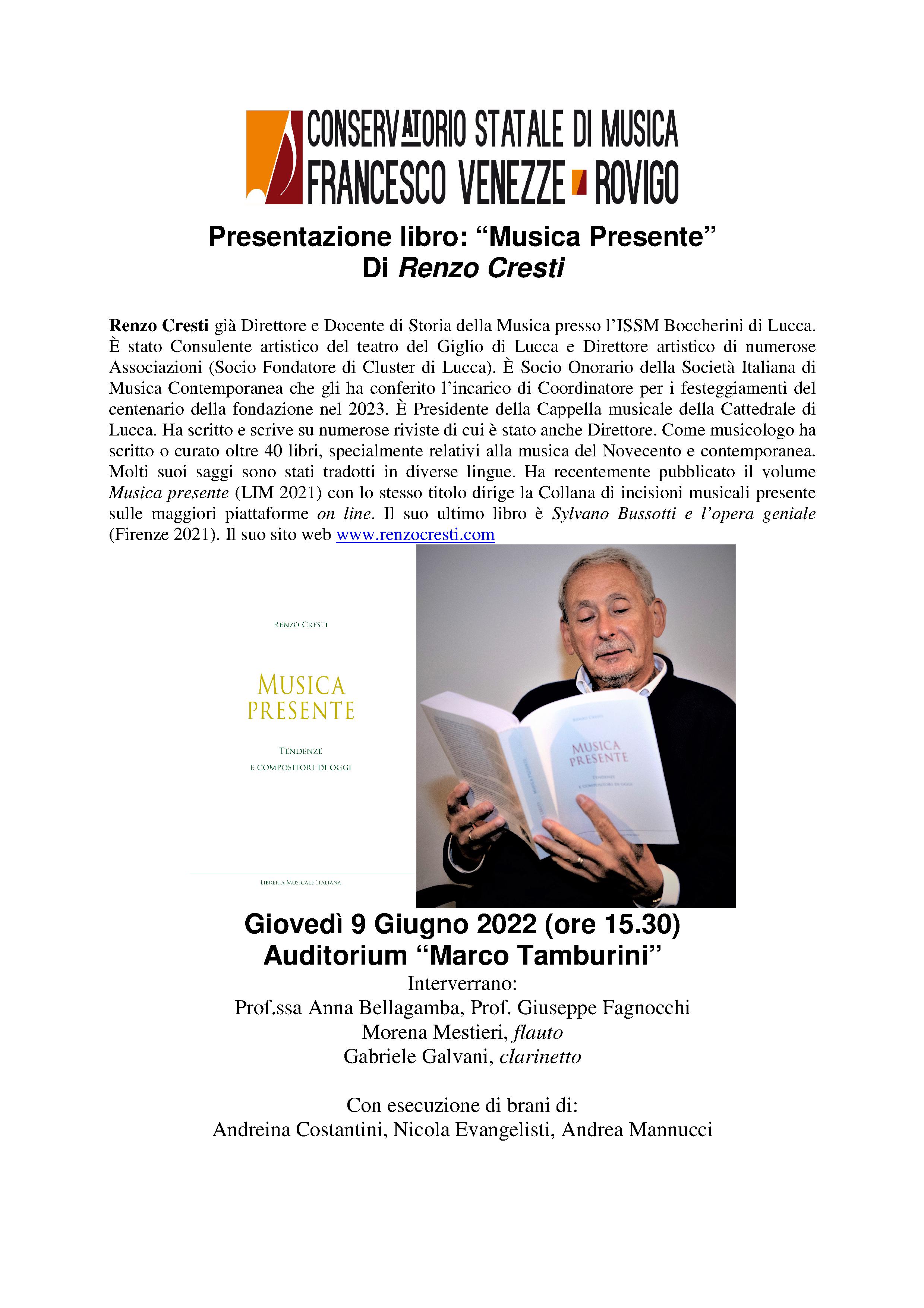 Presentazione libro: Musica Presente, di Renzo Cresti. Giovedì 9 Giugno (ore 14.45), Auditorium. foto 