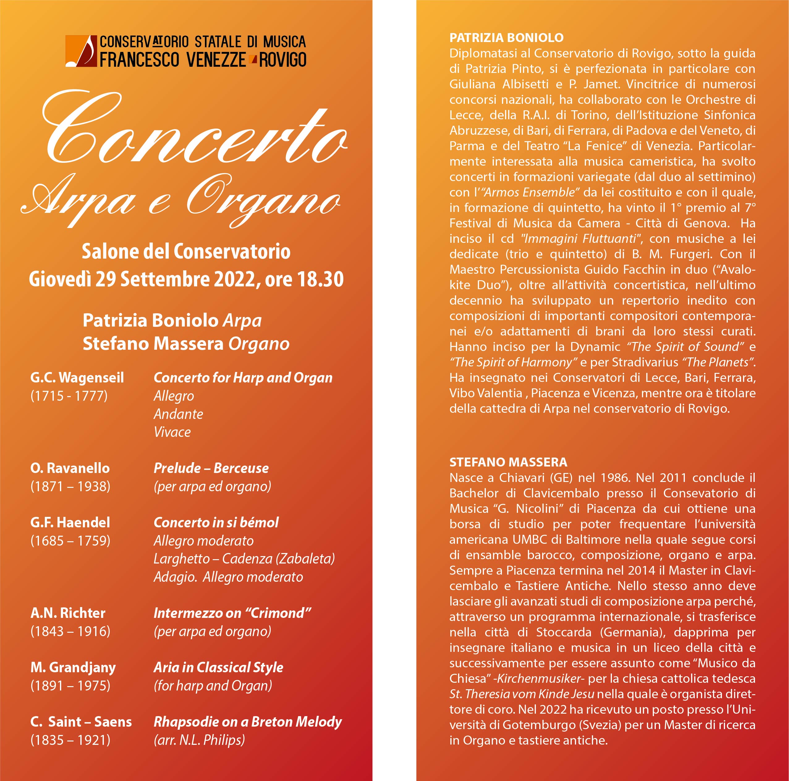 Concerto Arpa e Organo. Giovedì 29 settembre (ore 18.30), Salone del Conservatorio. foto 