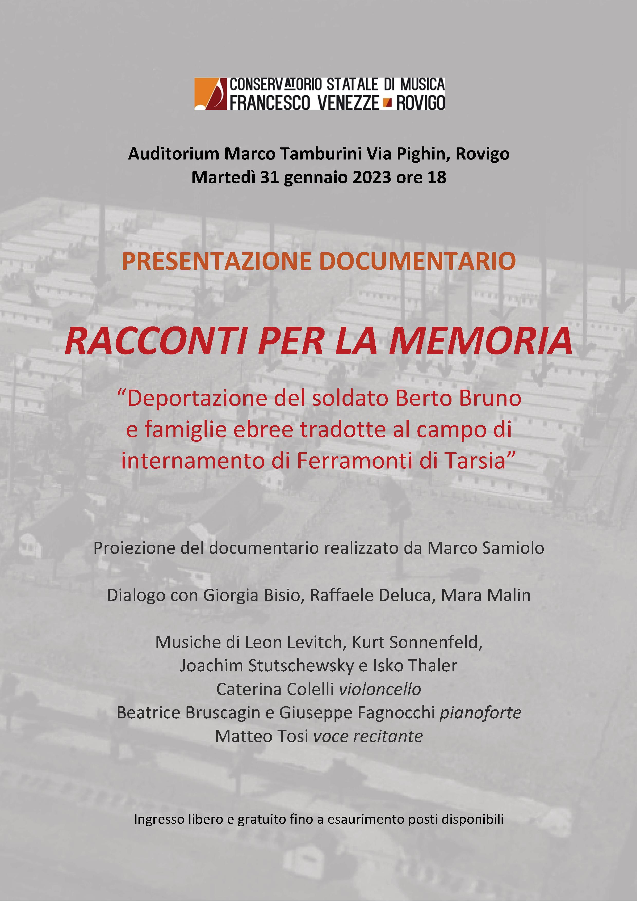 Presentazione documentario: Racconti per la memoria, Martedì 31 gennaio (ore 18), Auditorium. foto 